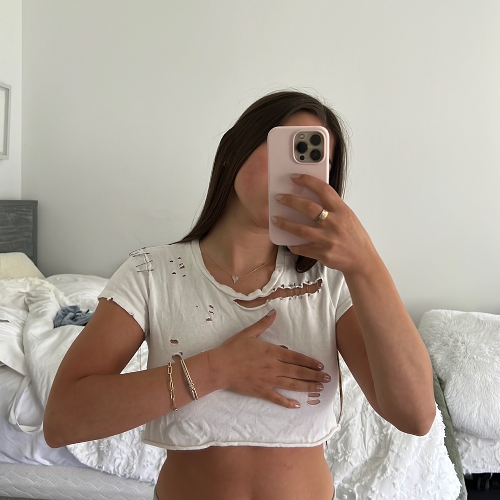 LF white distressed crop top